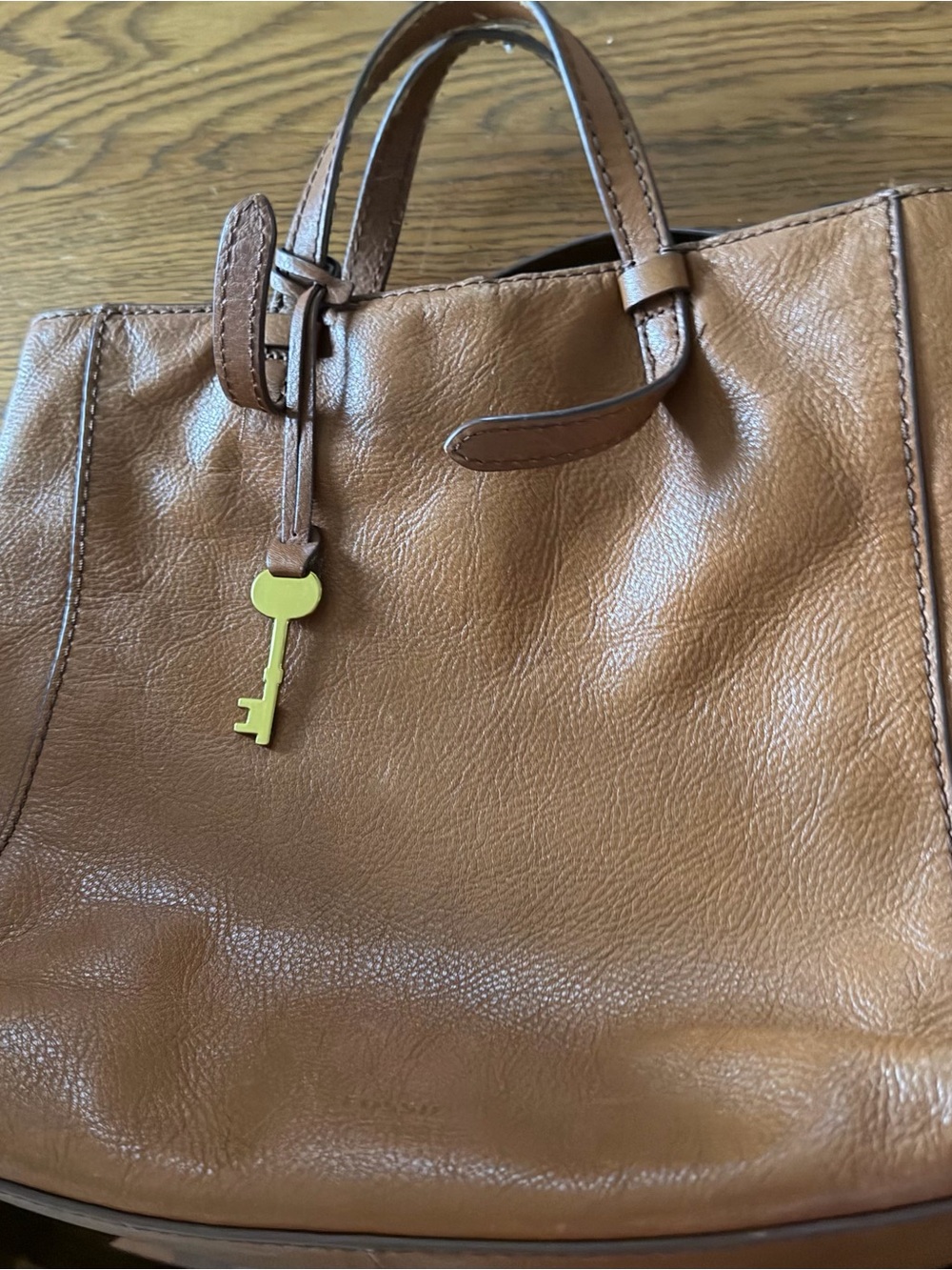 Fossil Tan Leather Tote with Key Charm